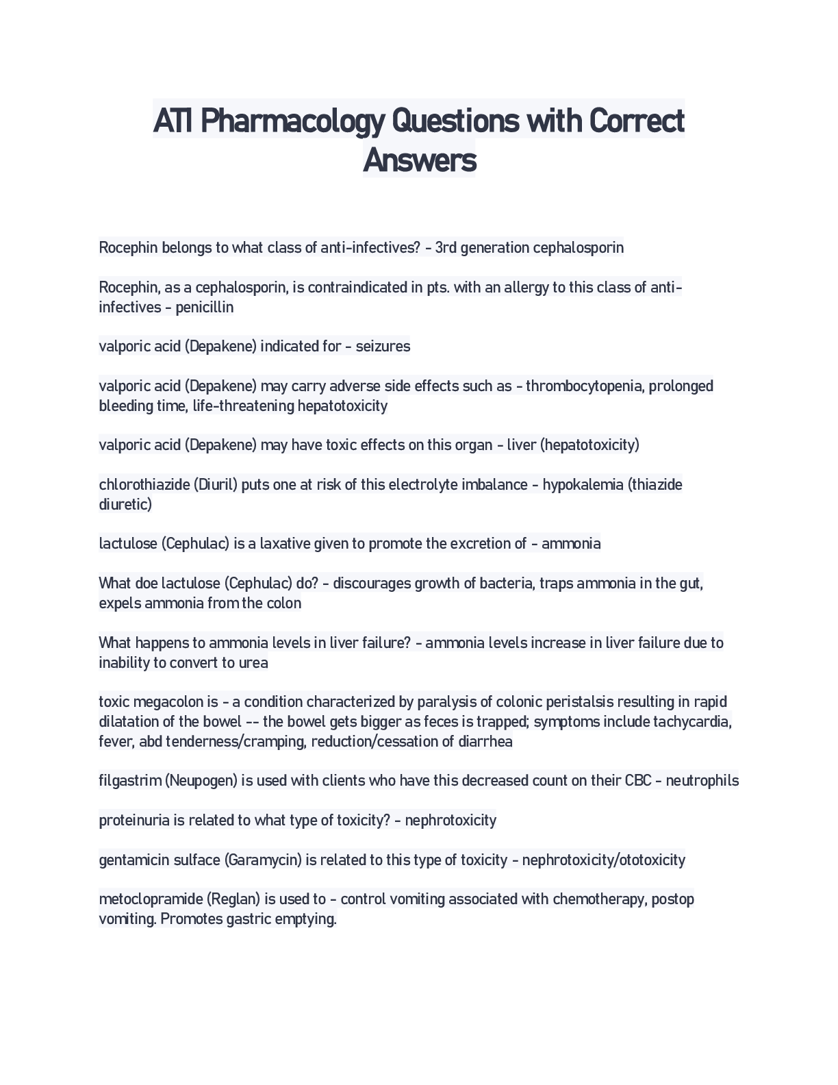 Preview of ATI Pharmacology Questions with Correct Answers